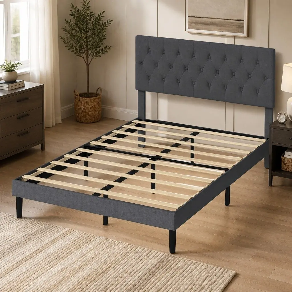 Queen Upholstered Platform Bed Frame Linen Fabric Storage Base Modern Bedroom