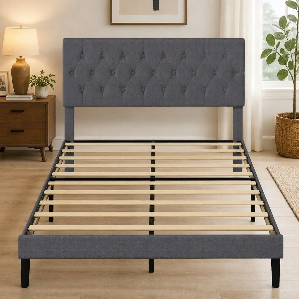 Queen Upholstered Platform Bed Frame Linen Fabric Storage Base Modern Bedroom