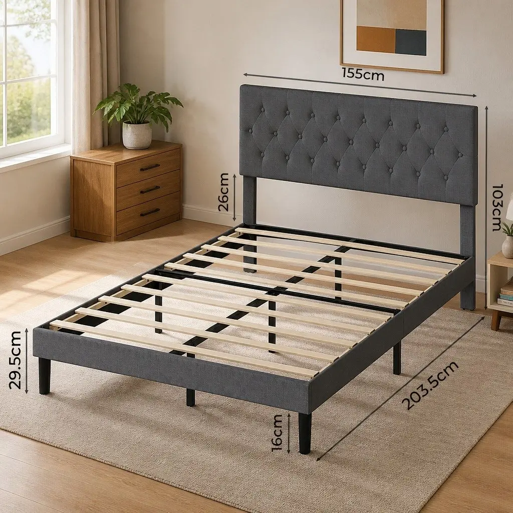 Queen Upholstered Platform Bed Frame Linen Fabric Storage Base Modern Bedroom