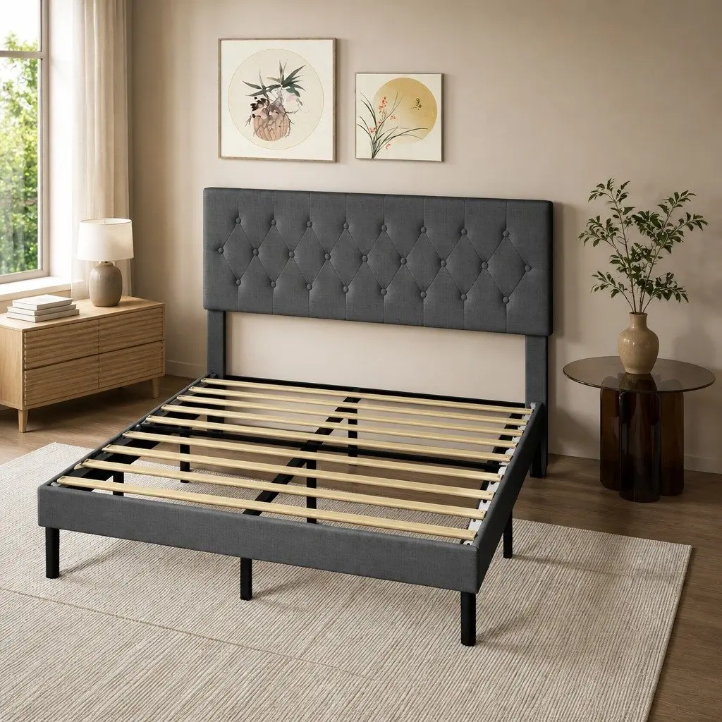 Queen Upholstered Platform Bed Frame Linen Fabric Storage Base Modern Bedroom