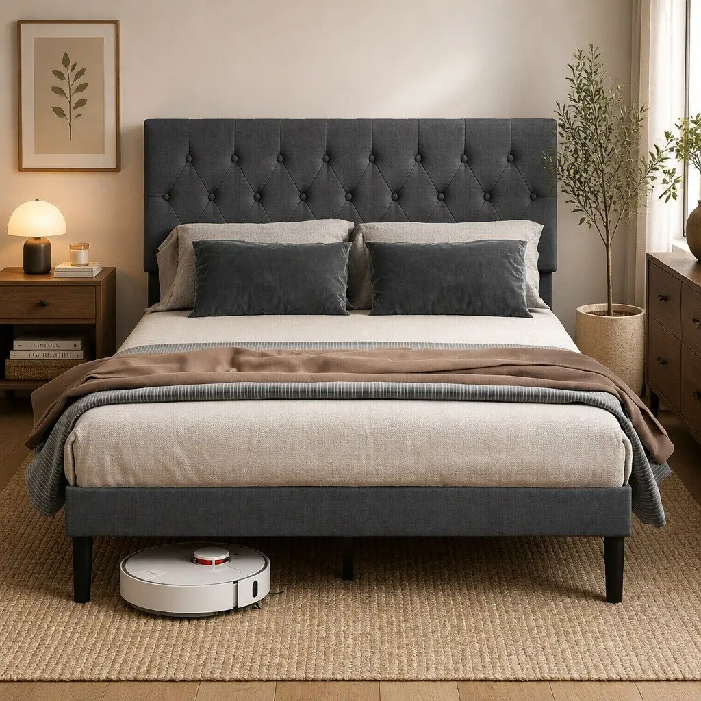 Queen Upholstered Platform Bed Frame Linen Fabric Storage Base Modern Bedroom