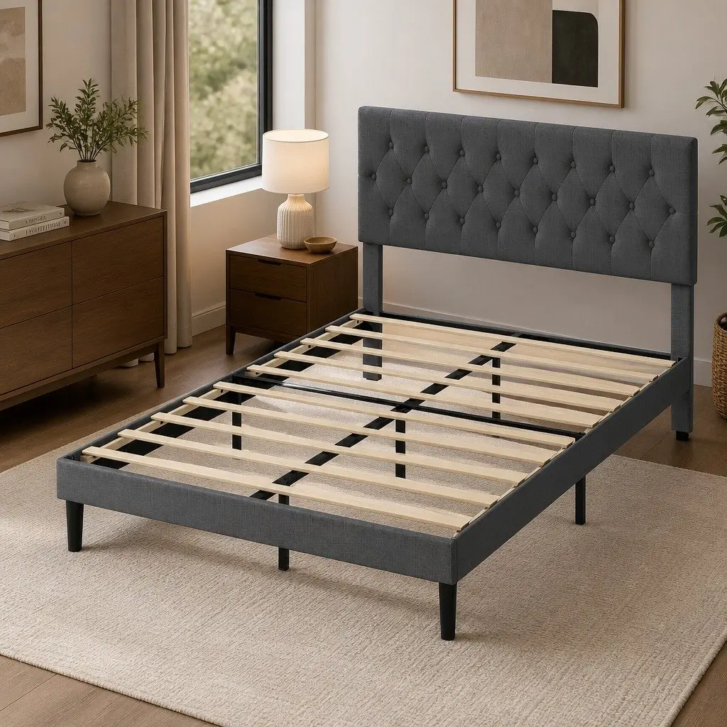 Queen Upholstered Platform Bed Frame Linen Fabric Storage Base Modern Bedroom