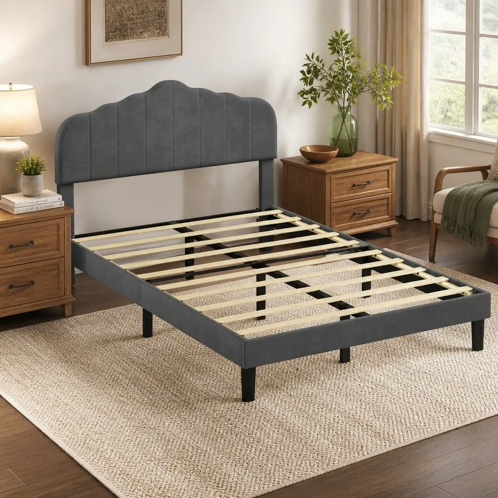 Upholstered Platform Bed Frame Queen Size Under-bed Storage Dark Grey