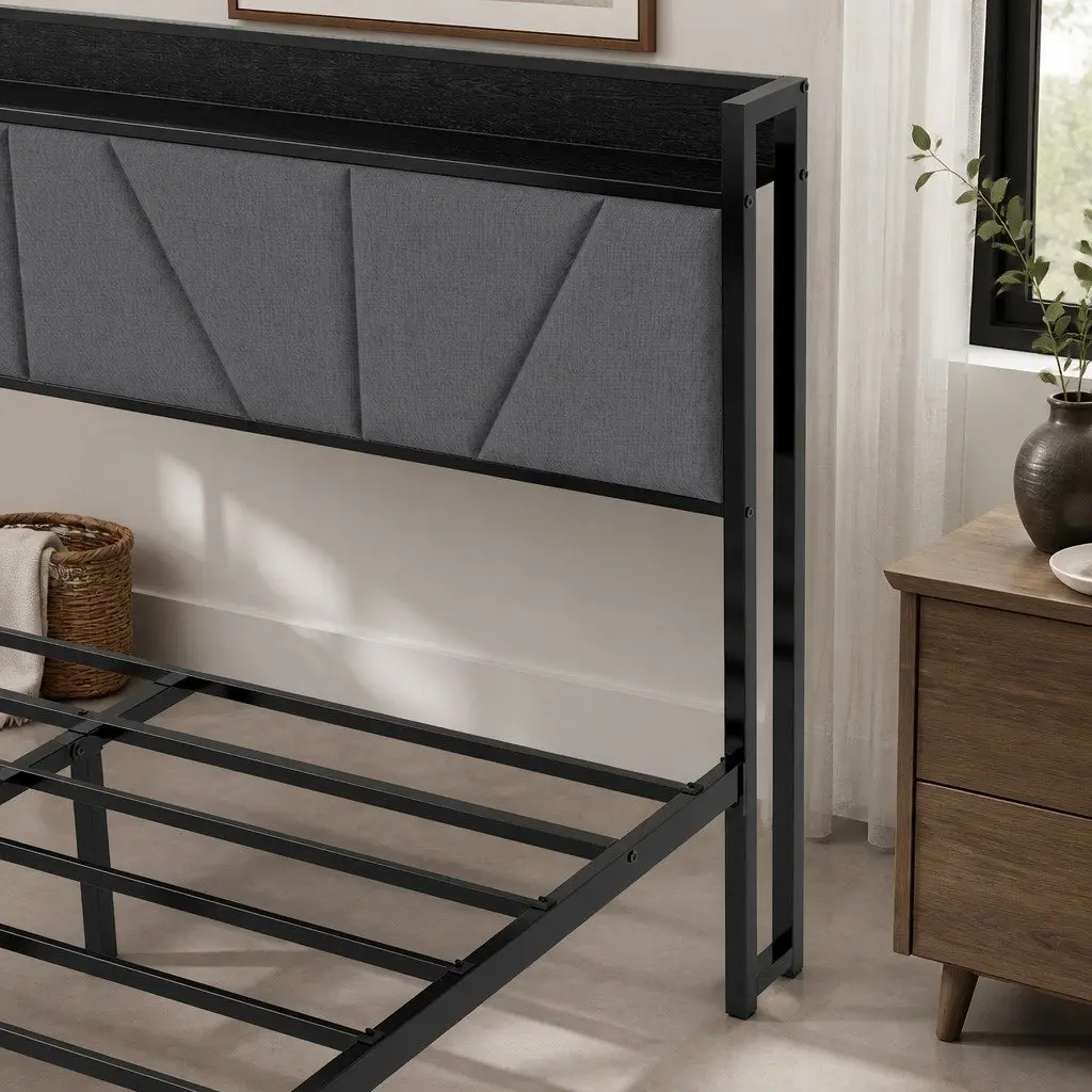 Double Bed Frame Steel Base Upholstered Headboard Modern Grey Platform Storage