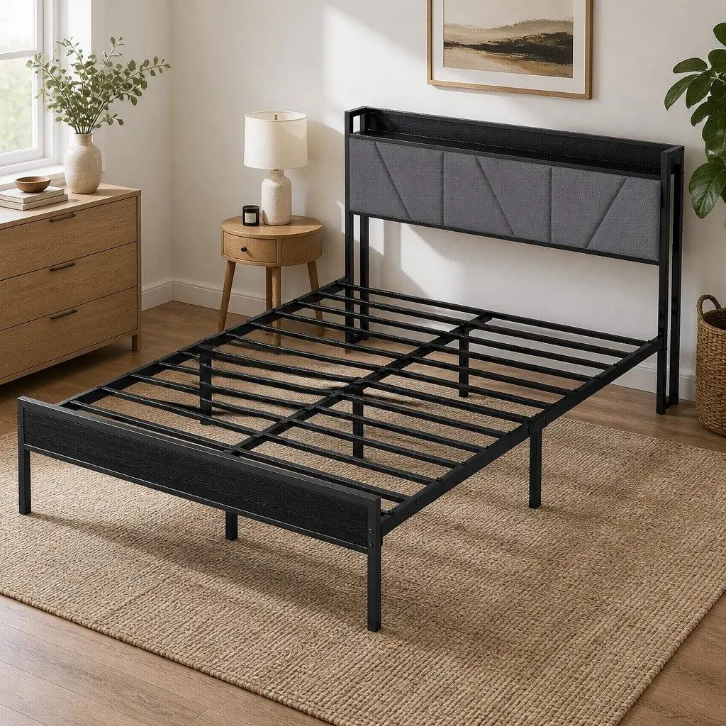 Double Bed Frame Steel Base Upholstered Headboard Modern Grey Platform Storage