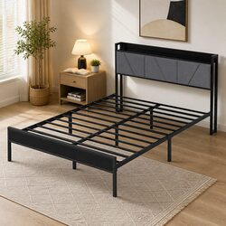 Queen Bed Frame Steel Base Upholstered Headboard Grey Modern Platform Bedroom