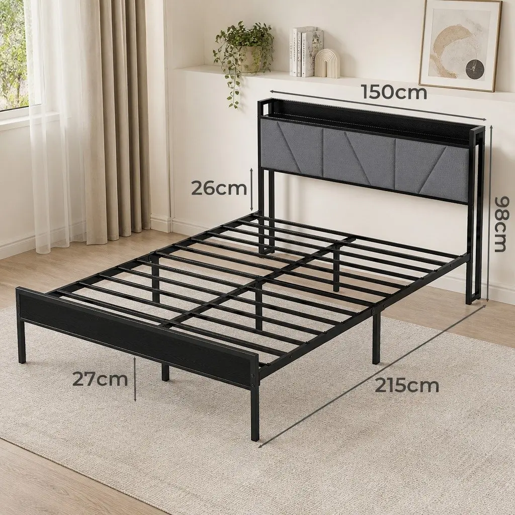 Queen Bed Frame Steel Base Upholstered Headboard Grey Modern Platform Bedroom