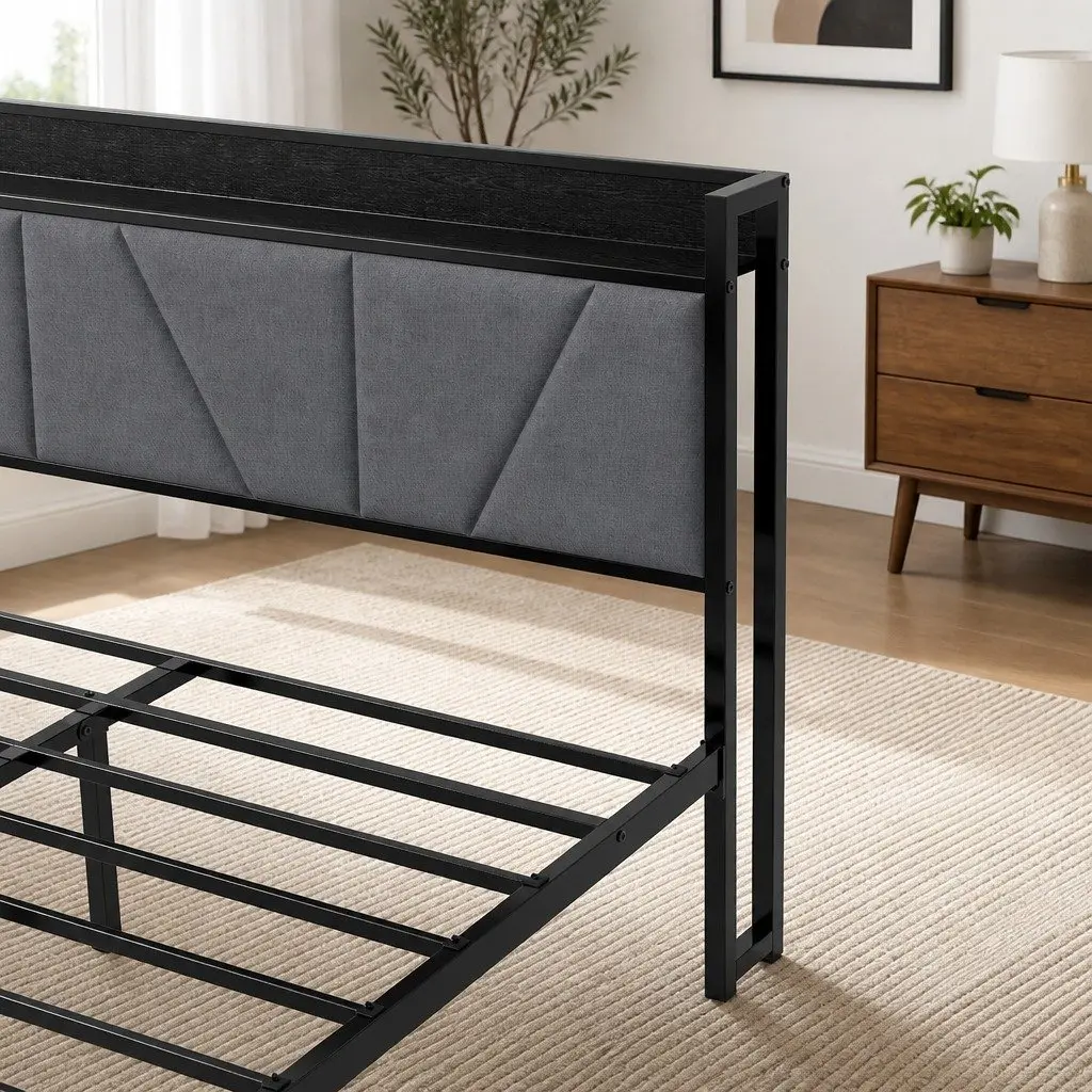 Queen Bed Frame Steel Base Upholstered Headboard Grey Modern Platform Bedroom