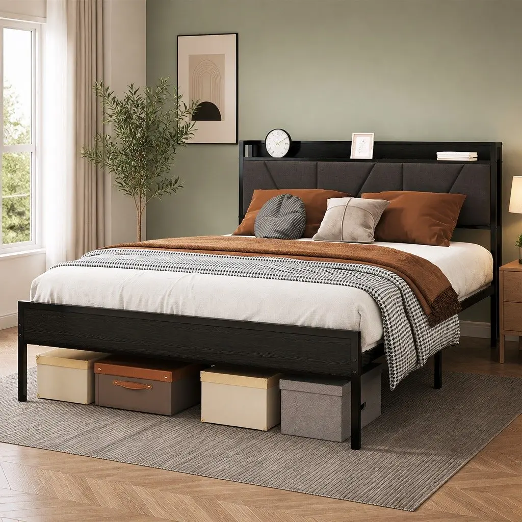 Queen Bed Frame Steel Base Upholstered Headboard Grey Modern Platform Bedroom