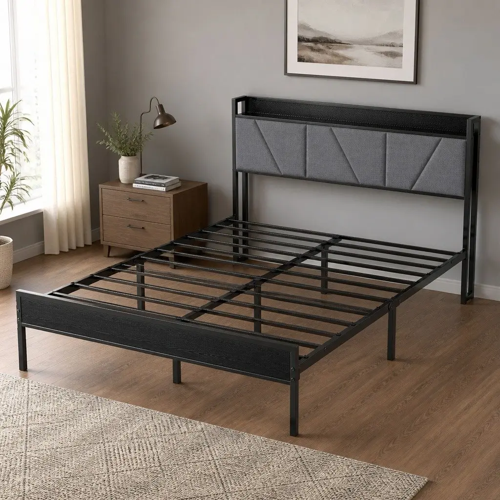 Queen Bed Frame Steel Base Upholstered Headboard Grey Modern Platform Bedroom