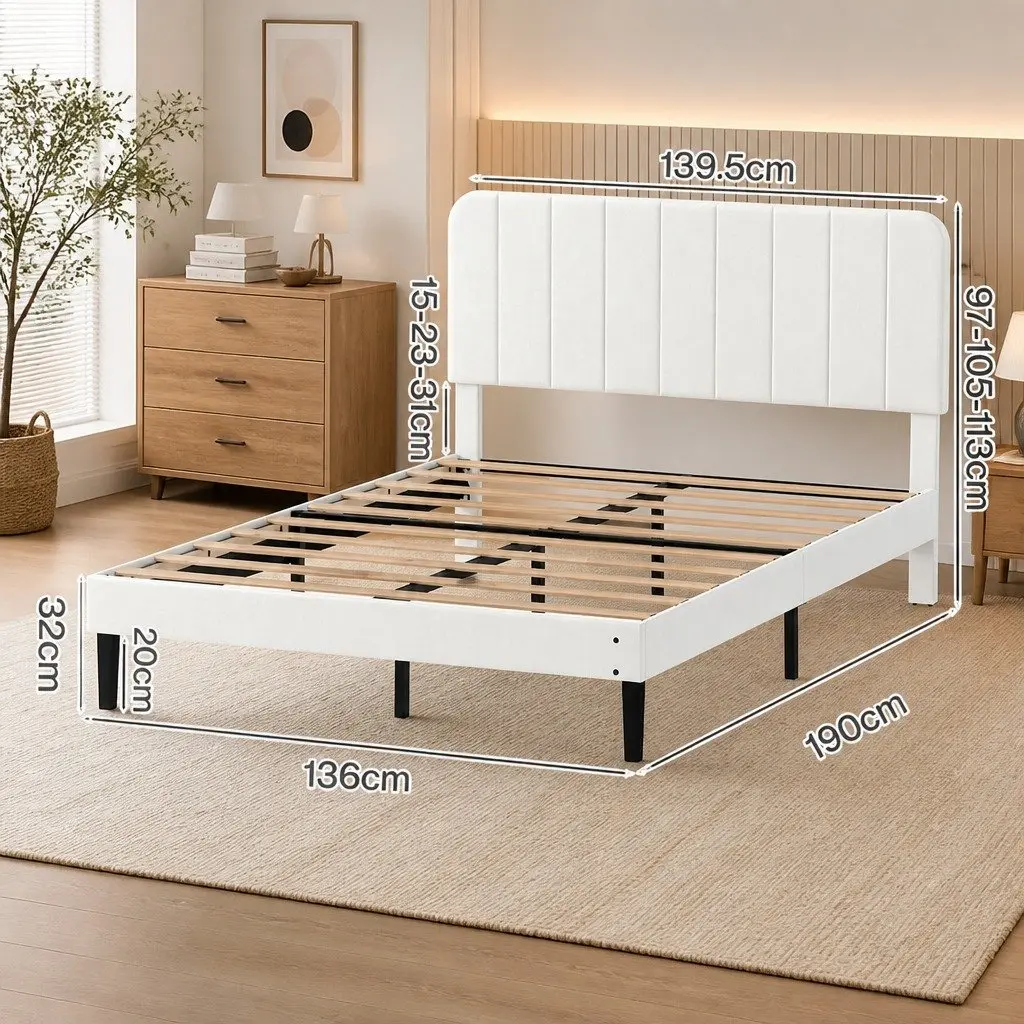 Double Bed Frame Upholstered Adjustable Headboard Platform White Modern Bedroom