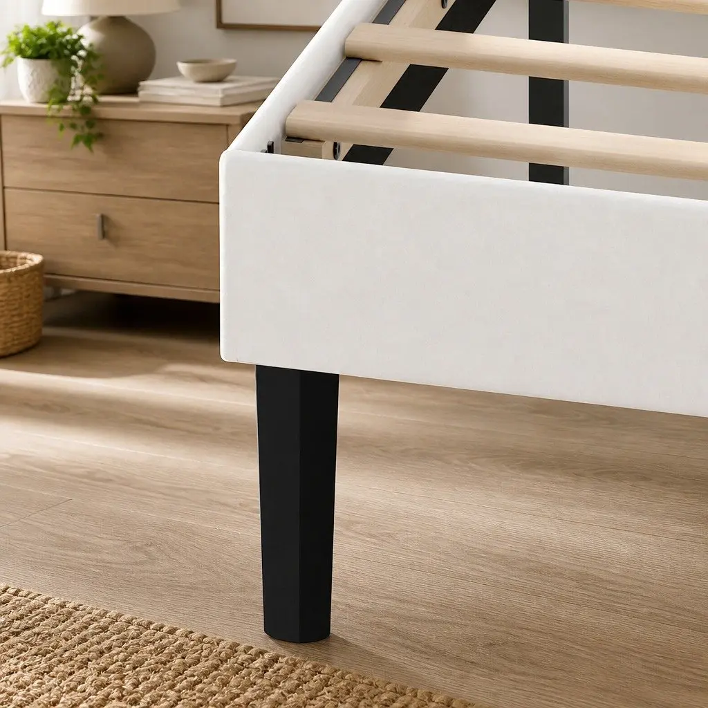 Double Bed Frame Upholstered Adjustable Headboard Platform White Modern Bedroom