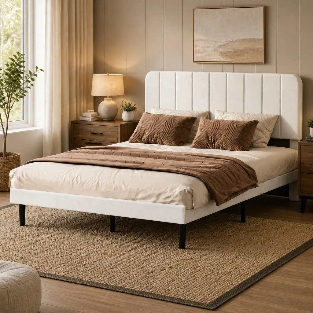 Double Bed Frame Upholstered Adjustable Headboard Platform White Modern Bedroom