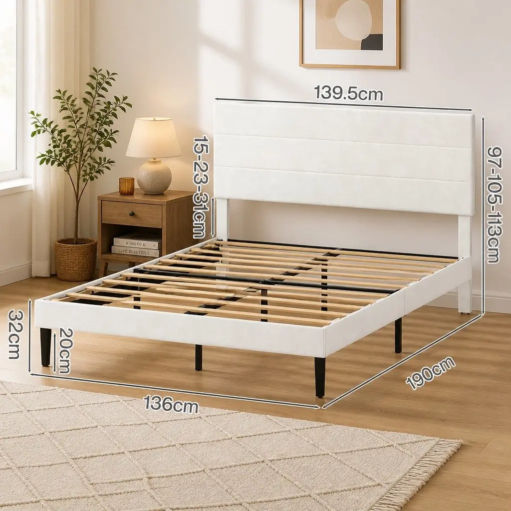 Double Bed Frame Upholstered Adjustable Headboard Platform Base Cream White