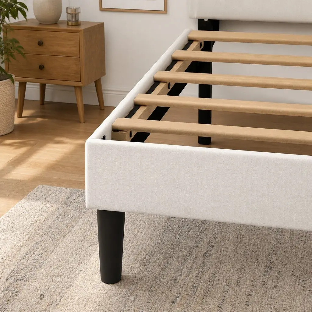 Double Bed Frame Upholstered Adjustable Headboard Platform Base Cream White