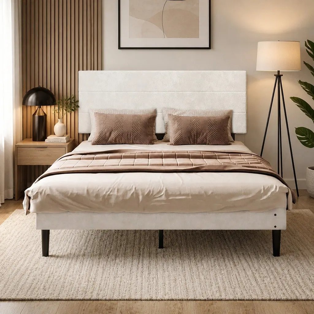 Double Bed Frame Upholstered Adjustable Headboard Platform Base Cream White