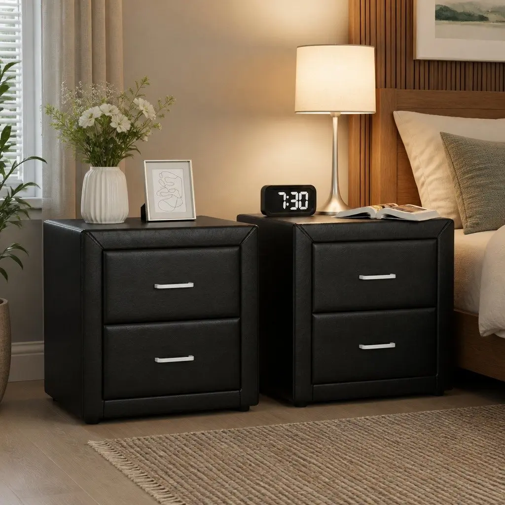 Black Bedside Table with 2 Drawers