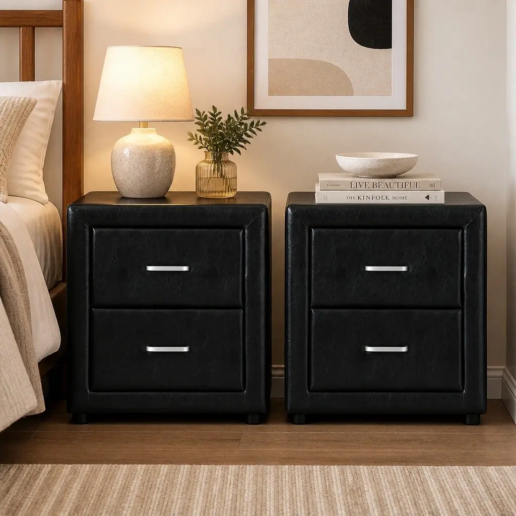 Black Bedside Table with 2 Drawers