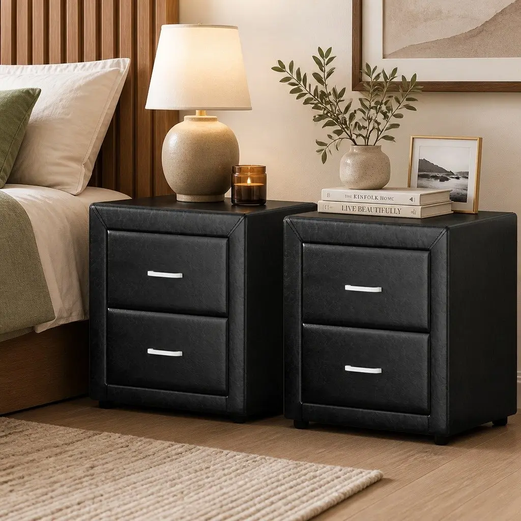 Black Bedside Table with 2 Drawers