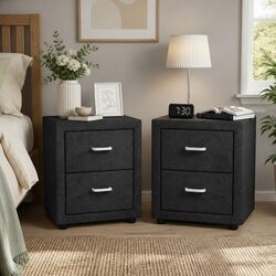 Bedside Table 2 Drawers Charcoal Faux Linen Modern Bedroom Side Table Storage