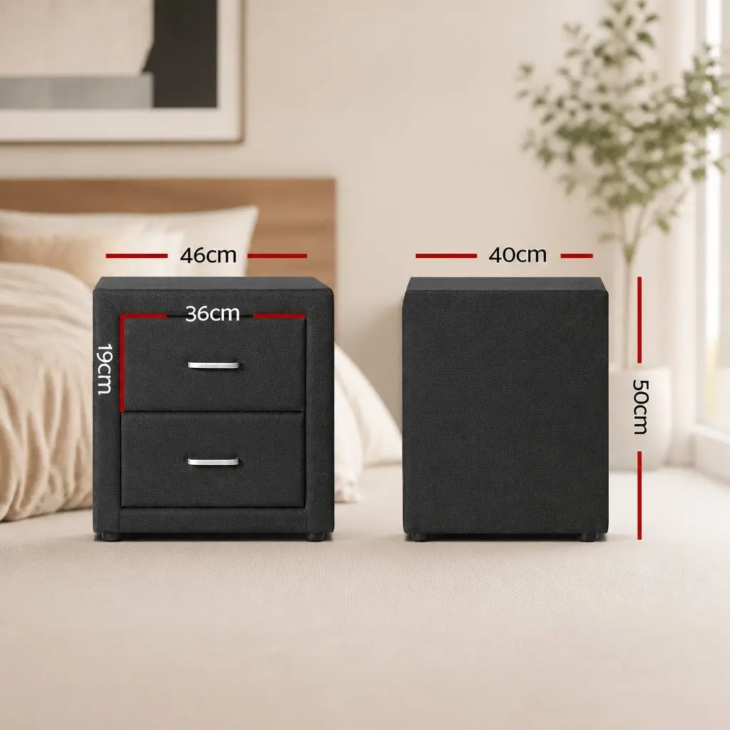Bedside Table Storage 2 Drawers Charcoal Faux Linen Modern Bedroom