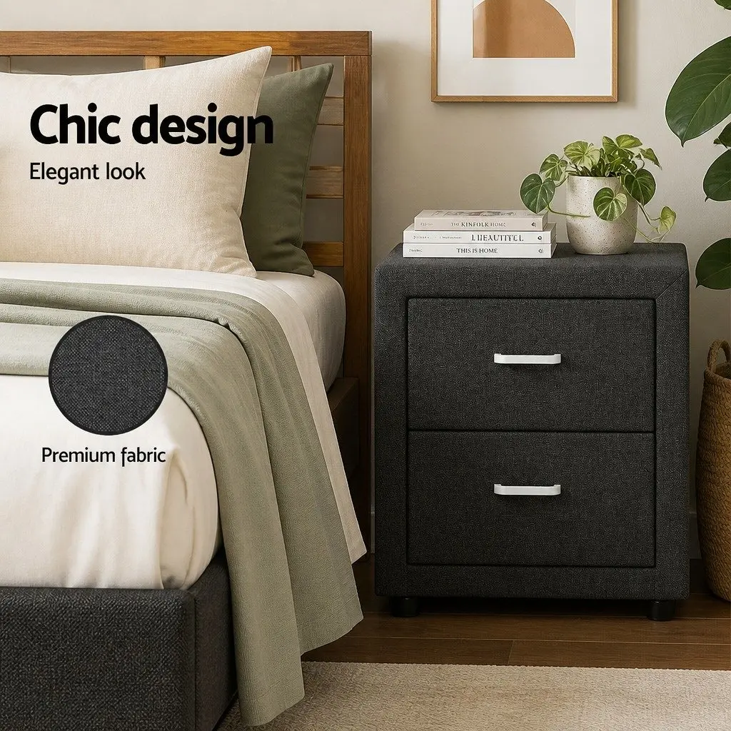 Bedside Table Storage 2 Drawers Charcoal Faux Linen Modern Bedroom