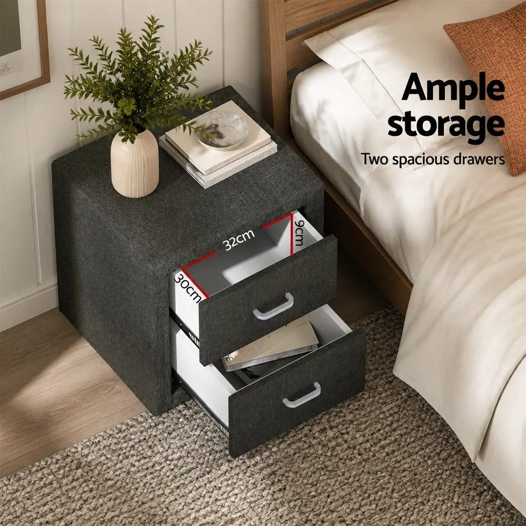 Bedside Table Storage 2 Drawers Charcoal Faux Linen Modern Bedroom