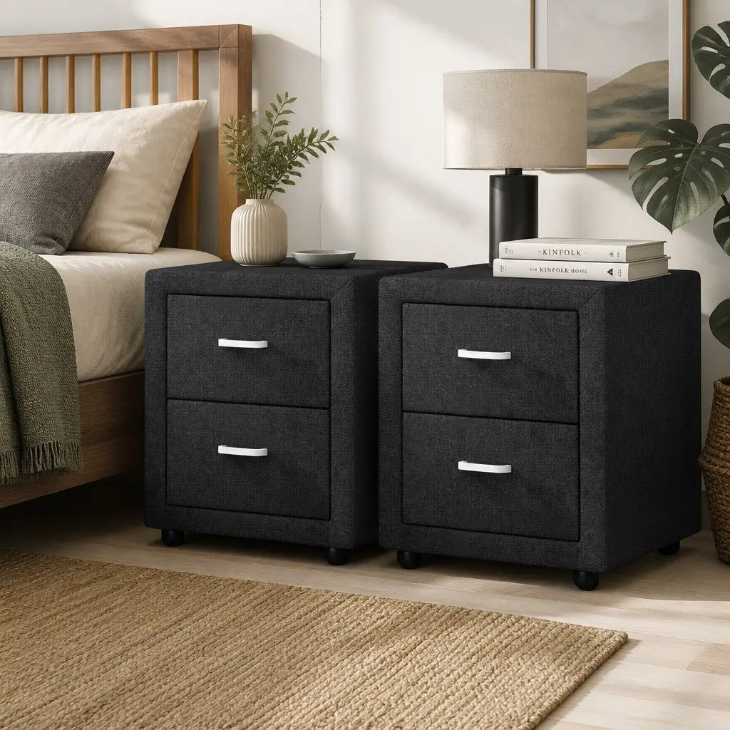 Bedside Table Storage 2 Drawers Charcoal Faux Linen Modern Bedroom