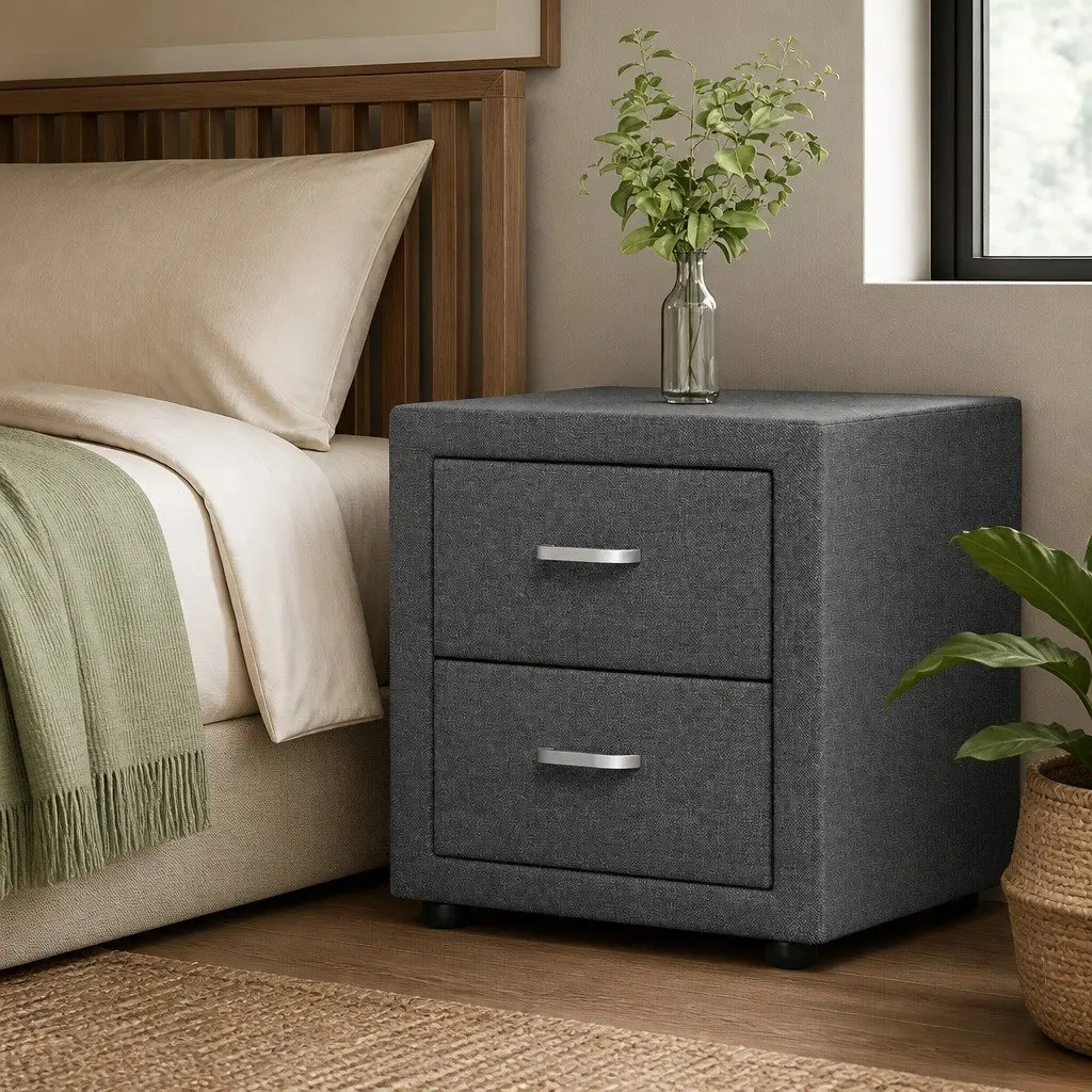 2-Drawer Bedside Table in Grey Linen Fabric