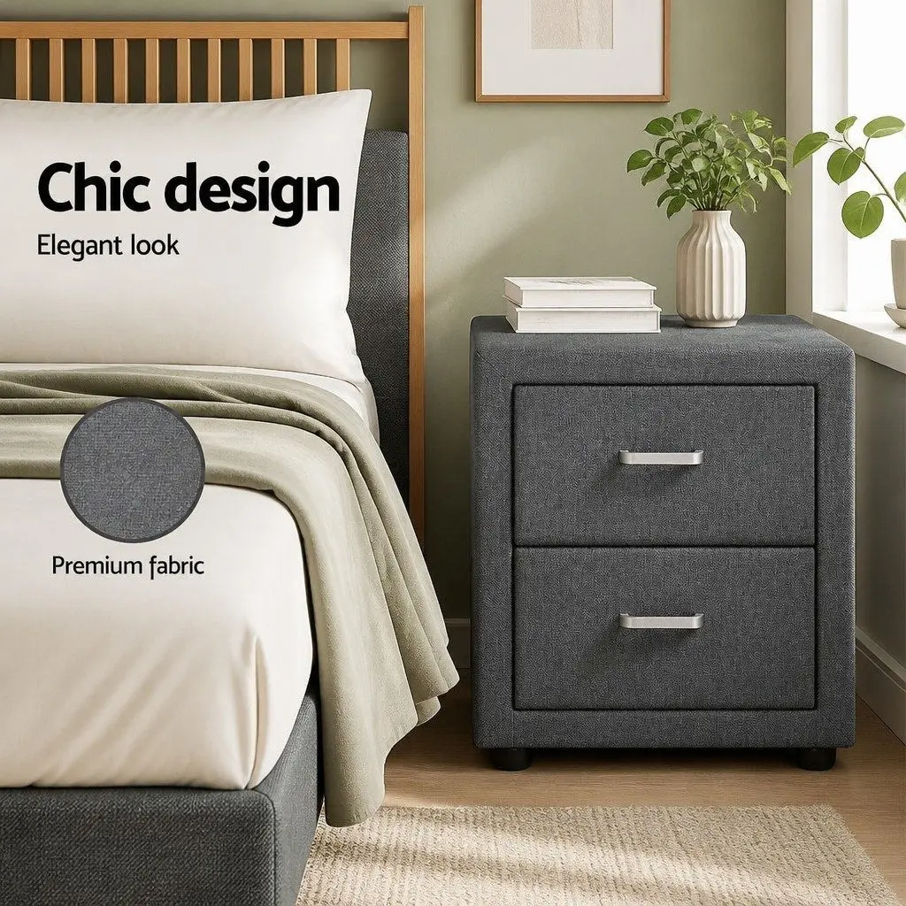 2-Drawer Bedside Table in Grey Linen Fabric