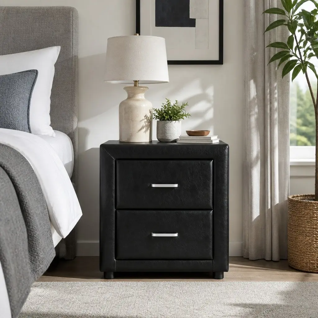 Black Bedside Table with Two Drawers