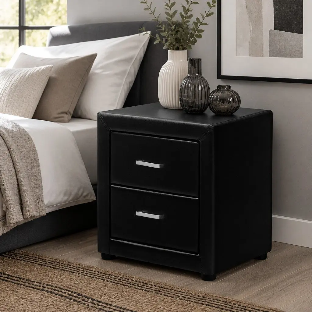 Black Bedside Table with Two Drawers