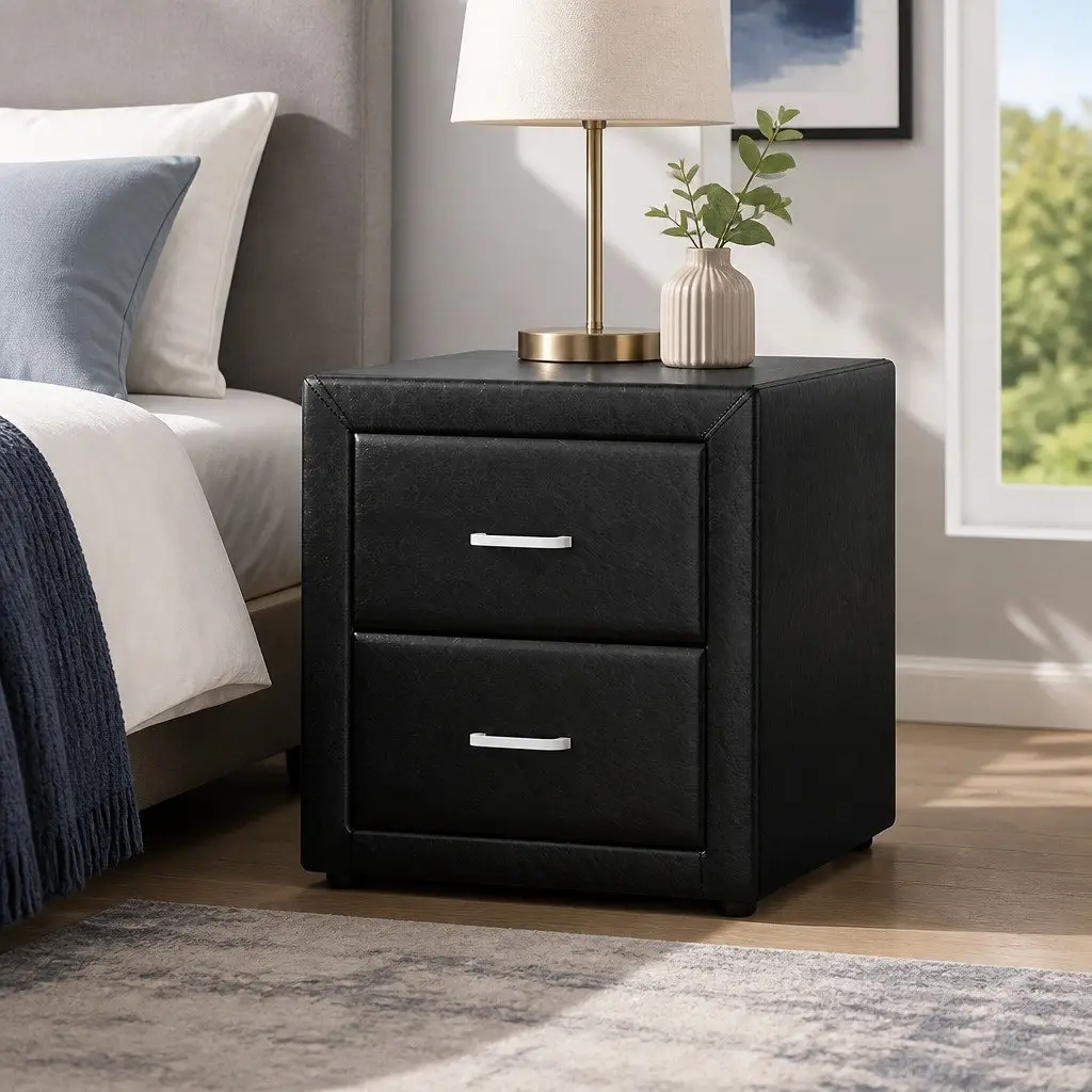 Black Bedside Table with Two Drawers