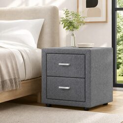 Bedside Table 2 Drawers Grey Linen Fabric Modern Bedroom Storage Side Table