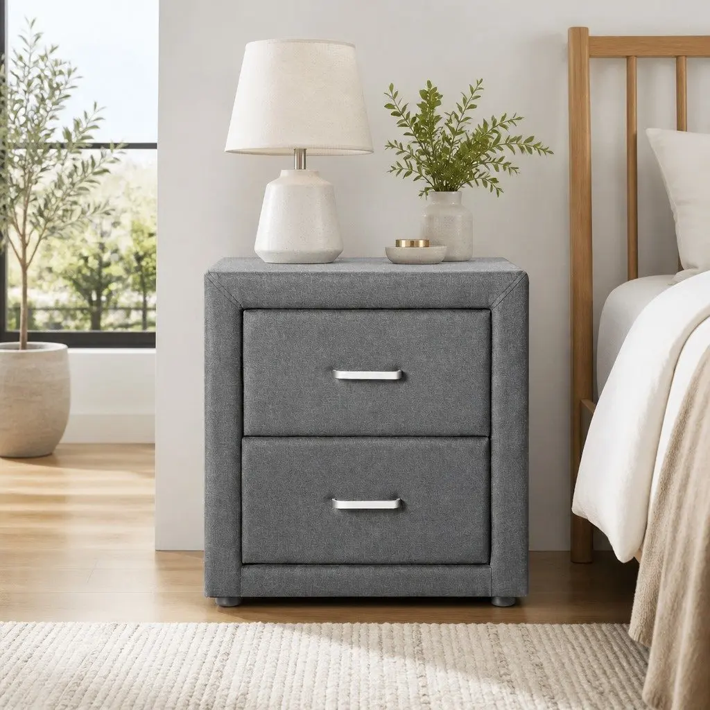 Bedside Table Storage 2 Drawers Grey Linen Fabric Modern