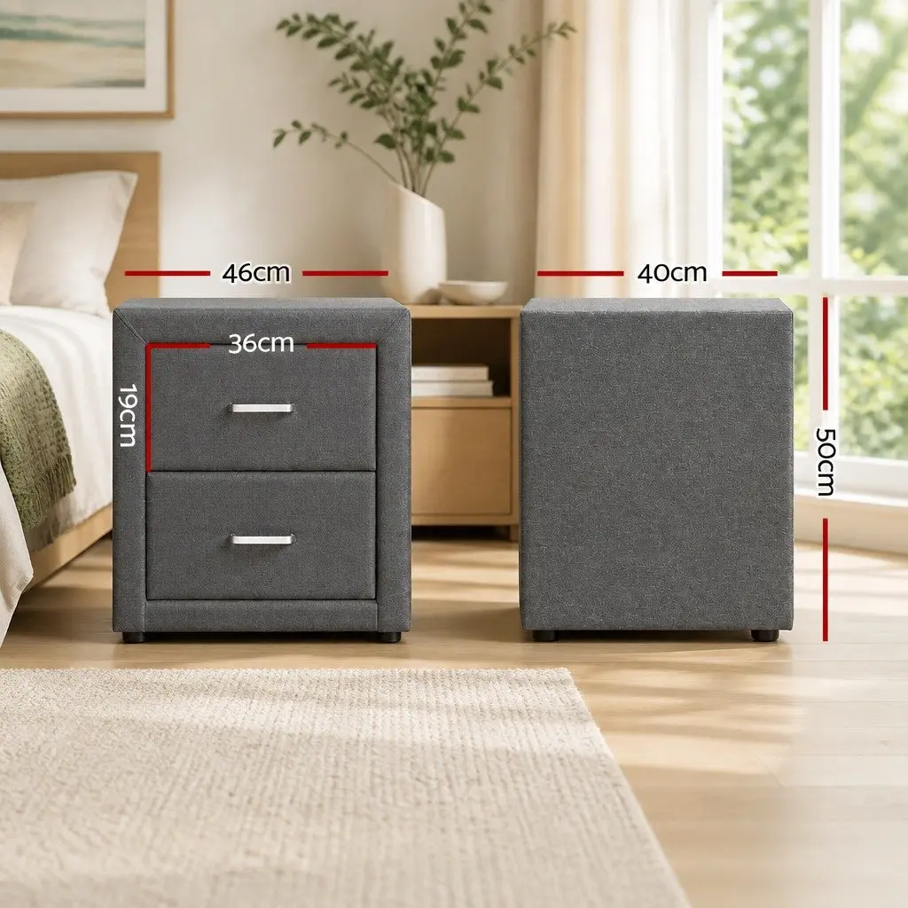 Bedside Table Storage 2 Drawers Grey Linen Fabric Modern