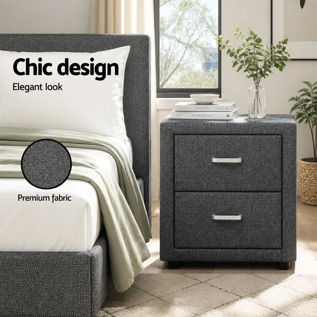 Bedside Table Storage 2 Drawers Grey Linen Fabric Modern