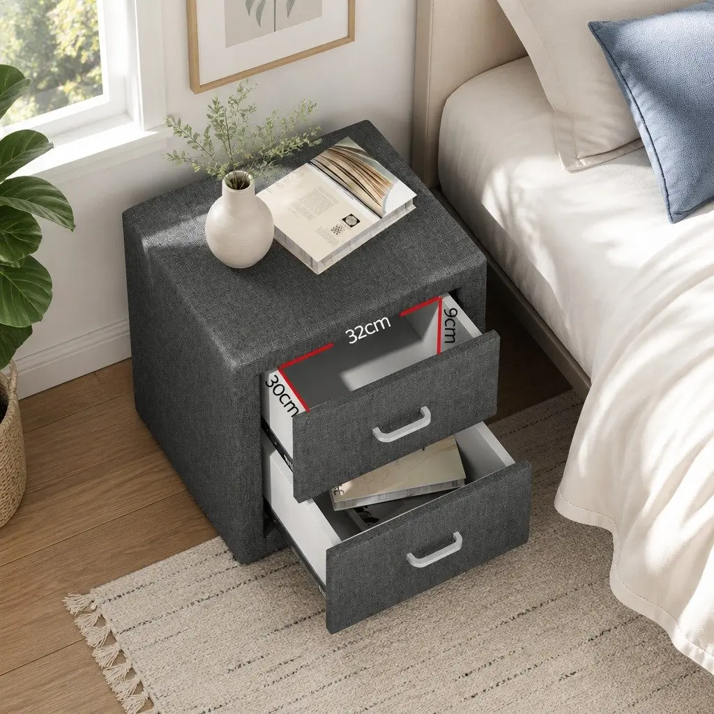 Bedside Table Storage 2 Drawers Grey Linen Fabric Modern
