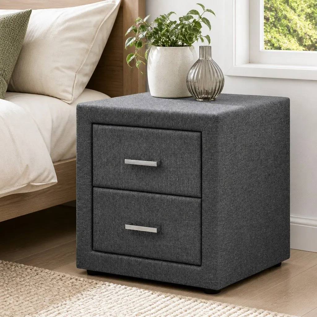 Bedside Table Storage 2 Drawers Grey Linen Fabric Modern