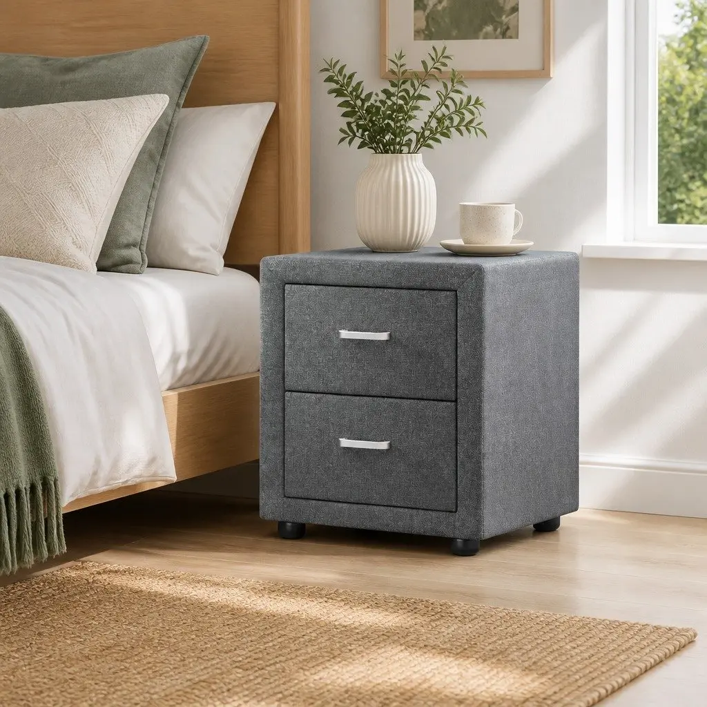 Bedside Table Storage 2 Drawers Grey Linen Fabric Modern