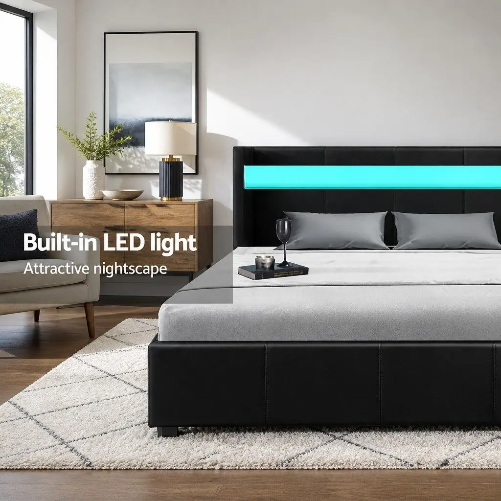 Double Bed Frame Gas Lift Storage LED Headboard Black Bedroom Furniture
