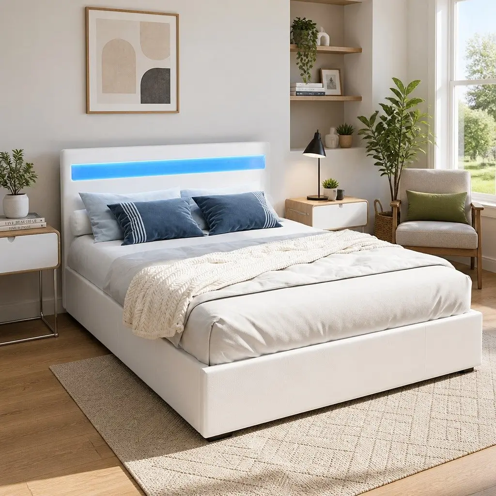 Double Bed Frame Gas Lift Storage White LED Headboard Bedroom Furniture