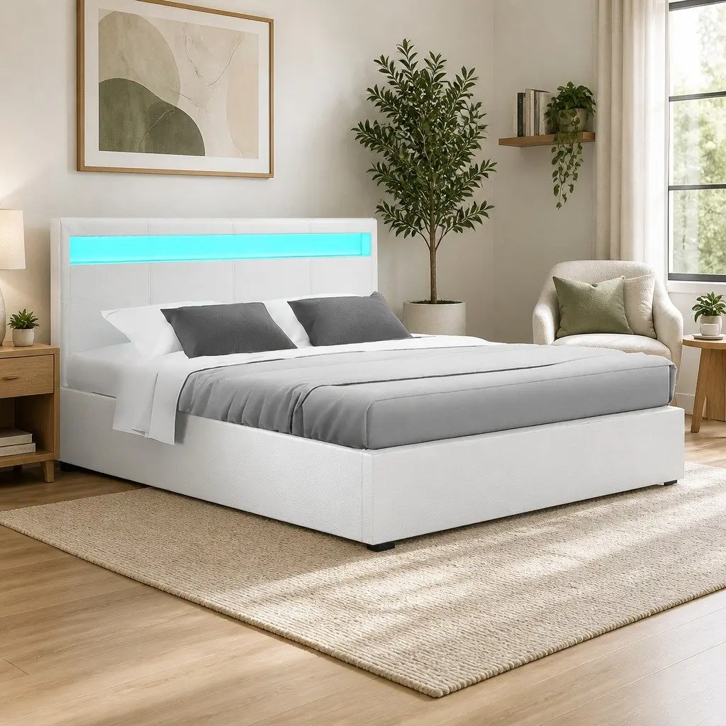 Double Bed Frame Gas Lift Storage White LED Headboard Bedroom Furniture