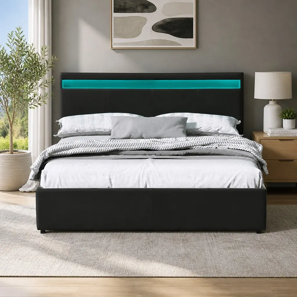 Queen Size Gas Lift Bed Frame with LED Lighting Black