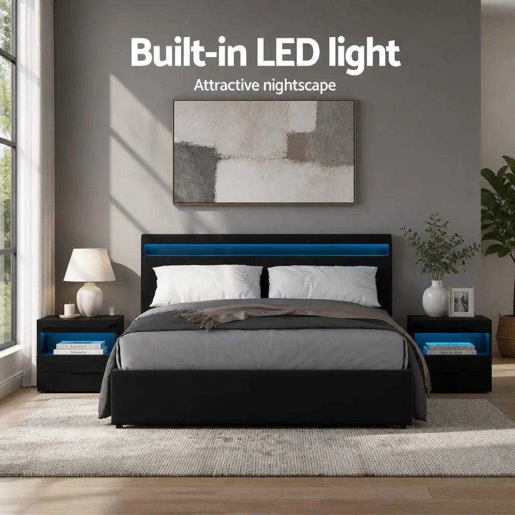 Queen Size Gas Lift Bed Frame with LED Lighting Black