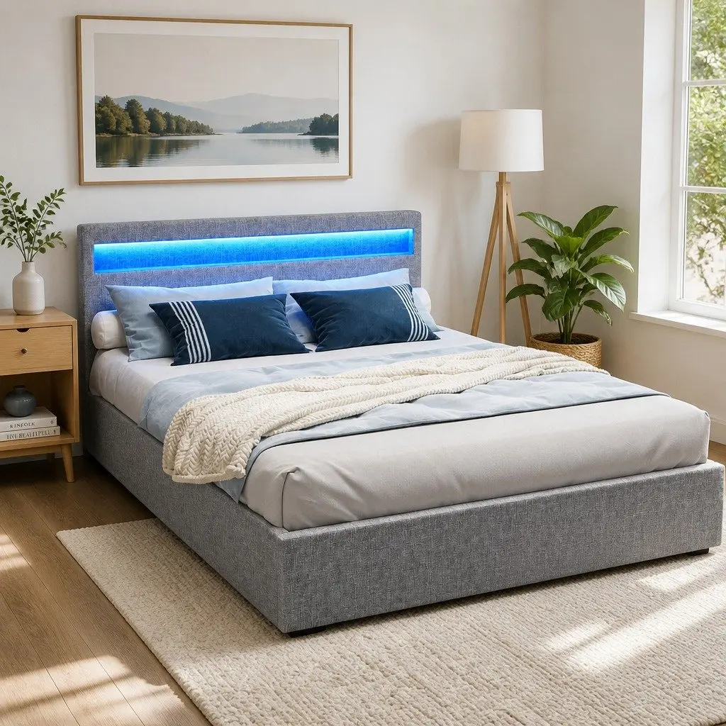 Queen Size Gas Lift Bed Frame with LED Headboard