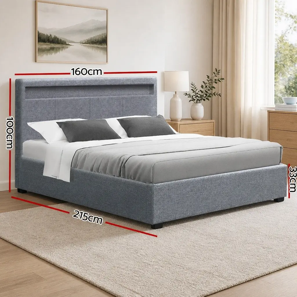 Queen Size Gas Lift Bed Frame with LED Headboard