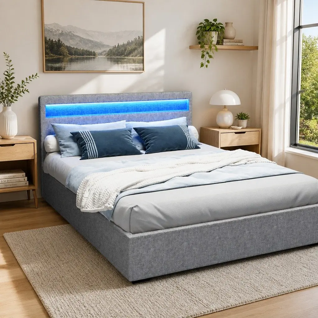 Queen Size Gas Lift Bed Frame with LED Headboard
