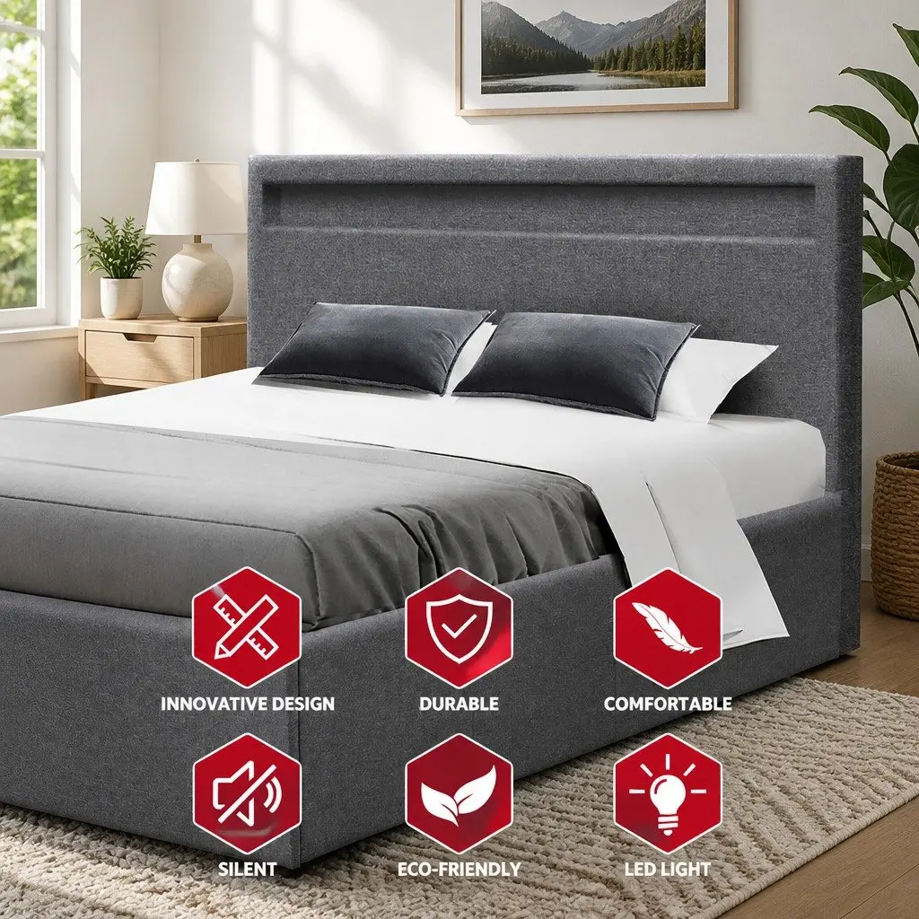 Queen Size Gas Lift Bed Frame with LED Headboard