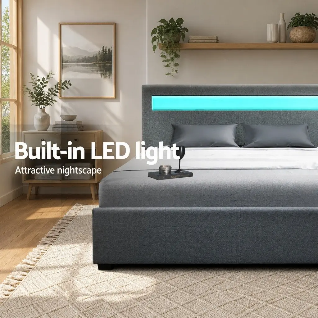 Queen Size Gas Lift Bed Frame with LED Headboard